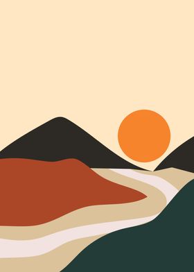 Mountains with river sun