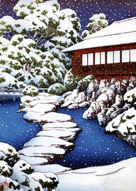 Ukiyo e Pond in Snow