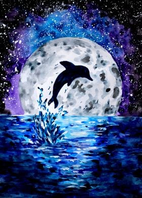 Dolphin Ocean and Moon