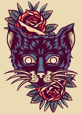 Cat and roses retro