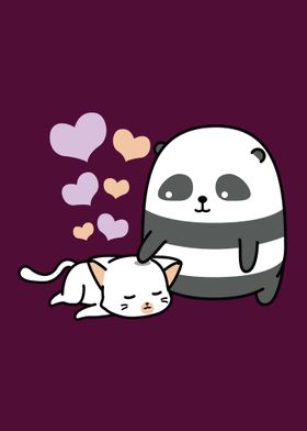 Cute Panda and Sleep Cat