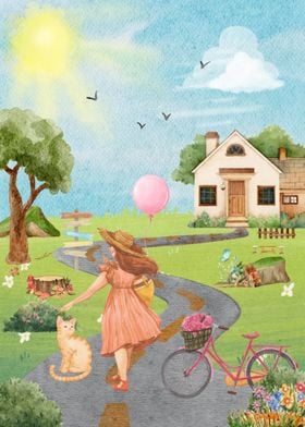 Girl With Balloon And Cat