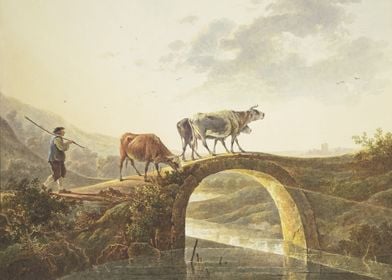 Shepherd with three cattle