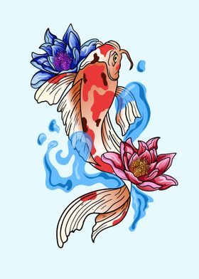 Koi fish Japanese flowers