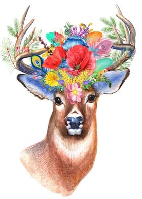 Stag Deer Wildflowers 