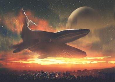 whale flying above city