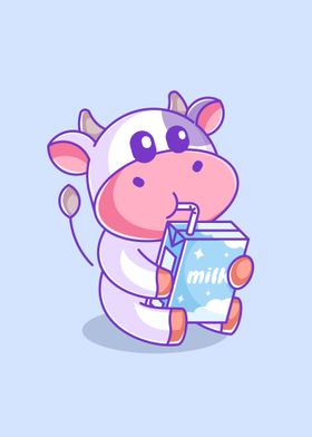 Cute cow drinking milk box