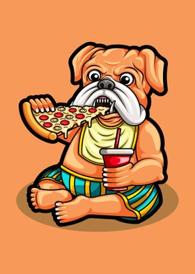 Cute pug dog eating pizza