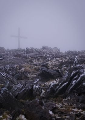 Mountain peak in mist