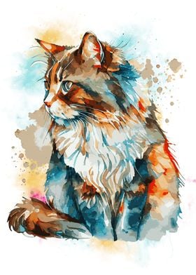 Watercolor Long Hair Cat