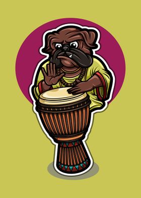 pug dog playing djembe