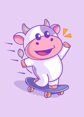 Cute cow playing skateboar