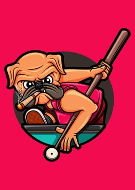 Cute pug dog playing pool