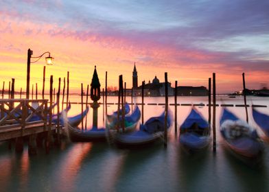 Gondolas in Venice at dawn