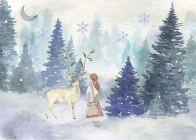 forest deer and girl