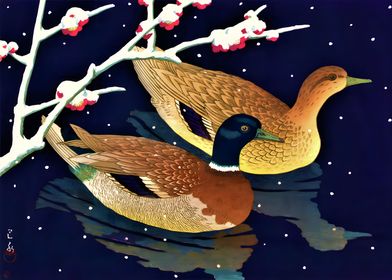 Ukiyo e Duck Under Snow