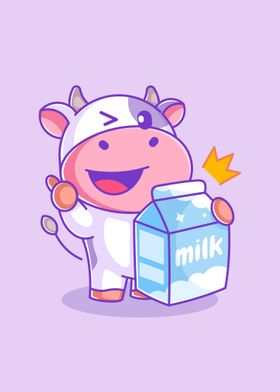 Cute cow with milk box