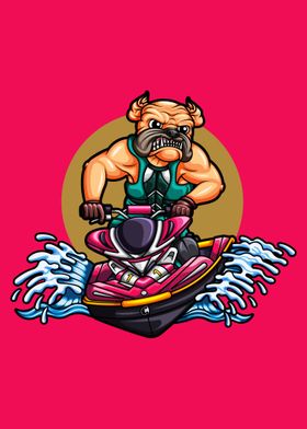 pug dog riding a jet ski 