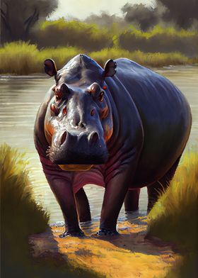 Savanna Hippo Oil Paint