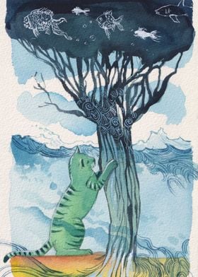 Cat shaking the fish tree