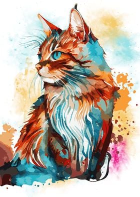 Watercolor Bobtail Cat Art