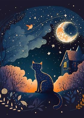 Cat at night by the Moon