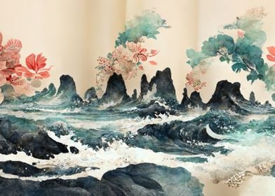 Japanese Floral Waves 