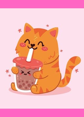 Cute cat drinking boba tea