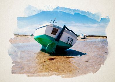 Watercolor of boat on sand