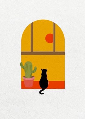 Cat Behind Yellow Window 