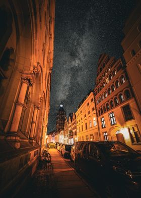 Lit up street in a city