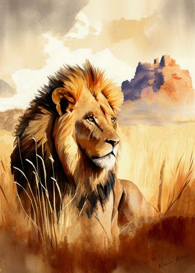 Lion stands in the savanna