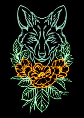 Neon retro wolf wih flower