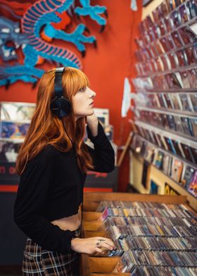 Woman at the record store