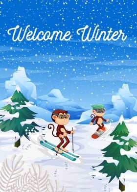 Monkeys Skiing in Winter
