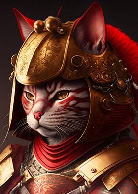 Samurai Cat in Red Gold