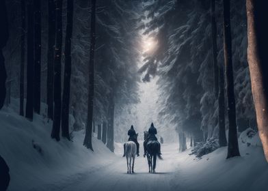 Couple with horse in snow 