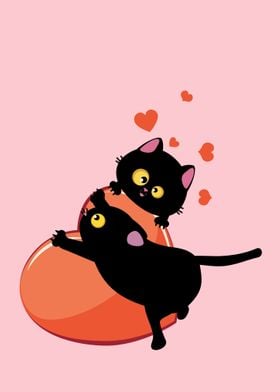 Black cat couple and heart