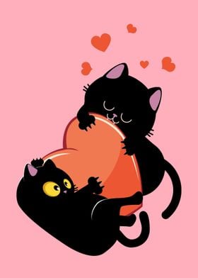 Black cats play with heart