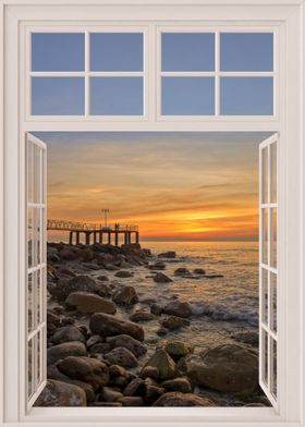 Open window view sea beach