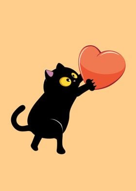 Black cat holding heart