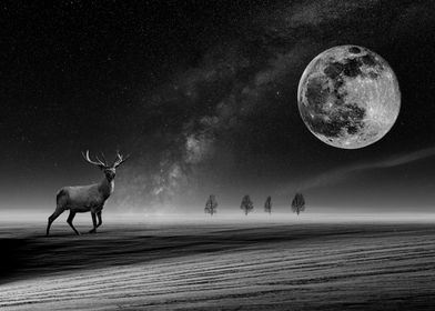 Big deer in snow and moon
