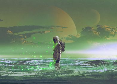 astronaut standing on sea