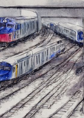 Watercolor trains tunnel