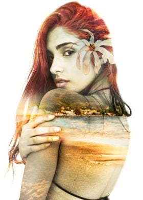 Double exposure sea woman