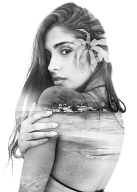 Double exposure sea woman