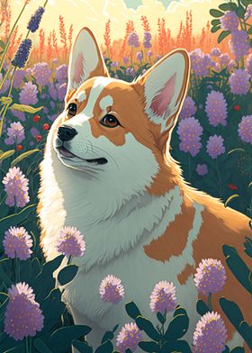 Corgi Dog in Flowers