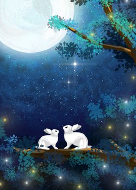 Two Bunnies by Moonlight