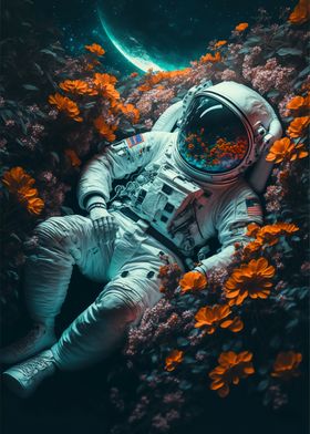 Astronaut among flowers