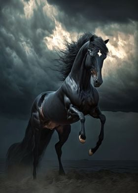 Black Wild Horse in Storm